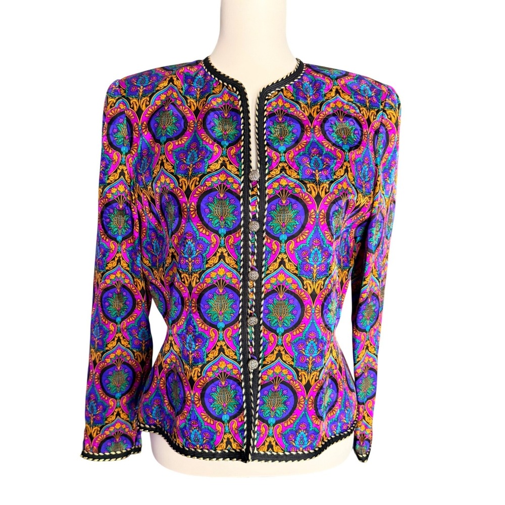 Vintage Adrianna Pappel Colorful Medallion Paisley Braided Trim Jacket Size 8